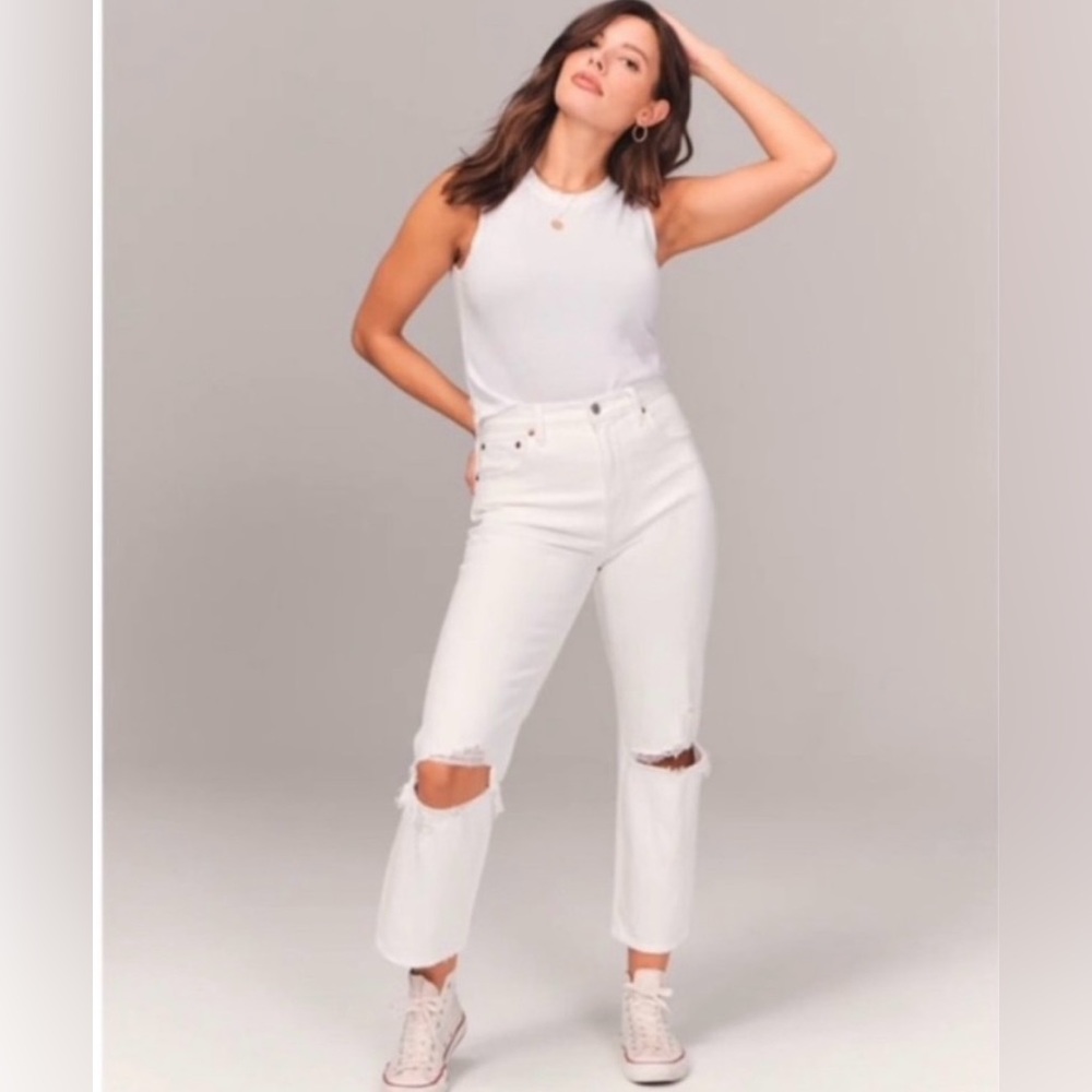 A&F curve love ultra high rise ankle straight jeans ripped white size 31